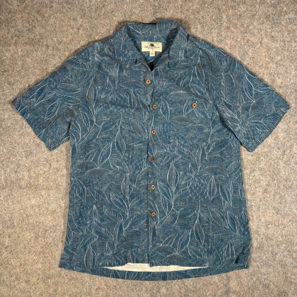 Island Shores Shirt Mens Medium Blue Washable Silk Tropical Leaf Pineapple Camp